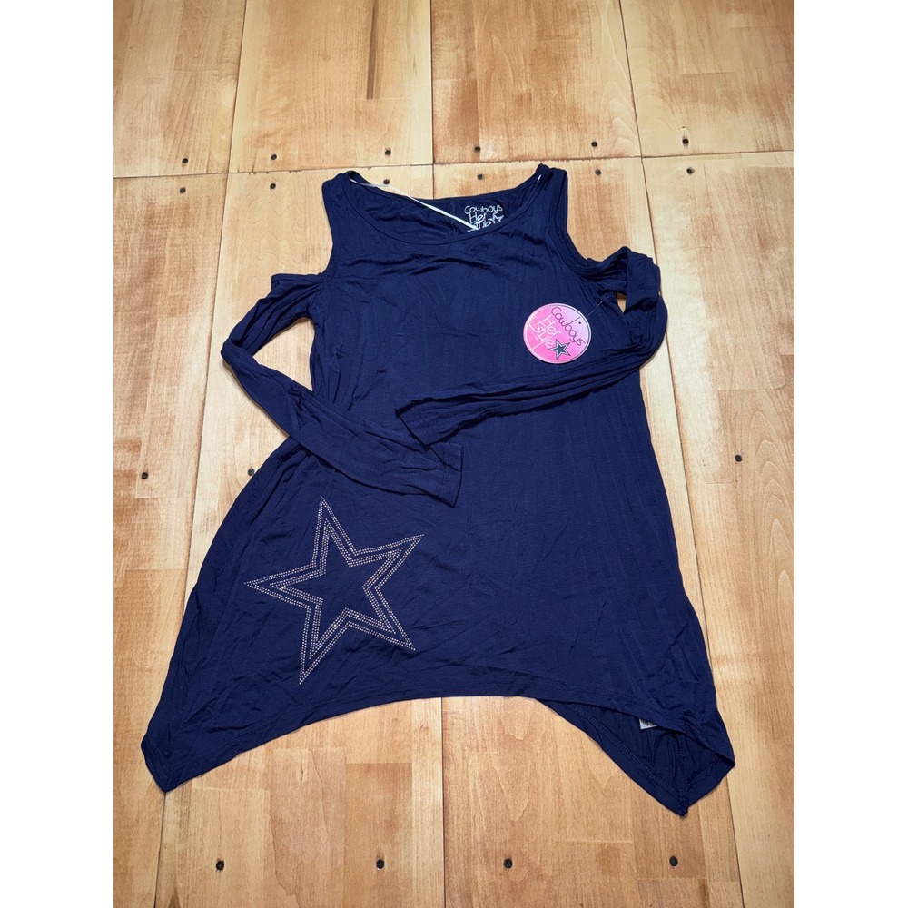 Cowboys Her Style Navy Blue‎ Cold Shoulder Star Rhinestone Tunic Top Women Small